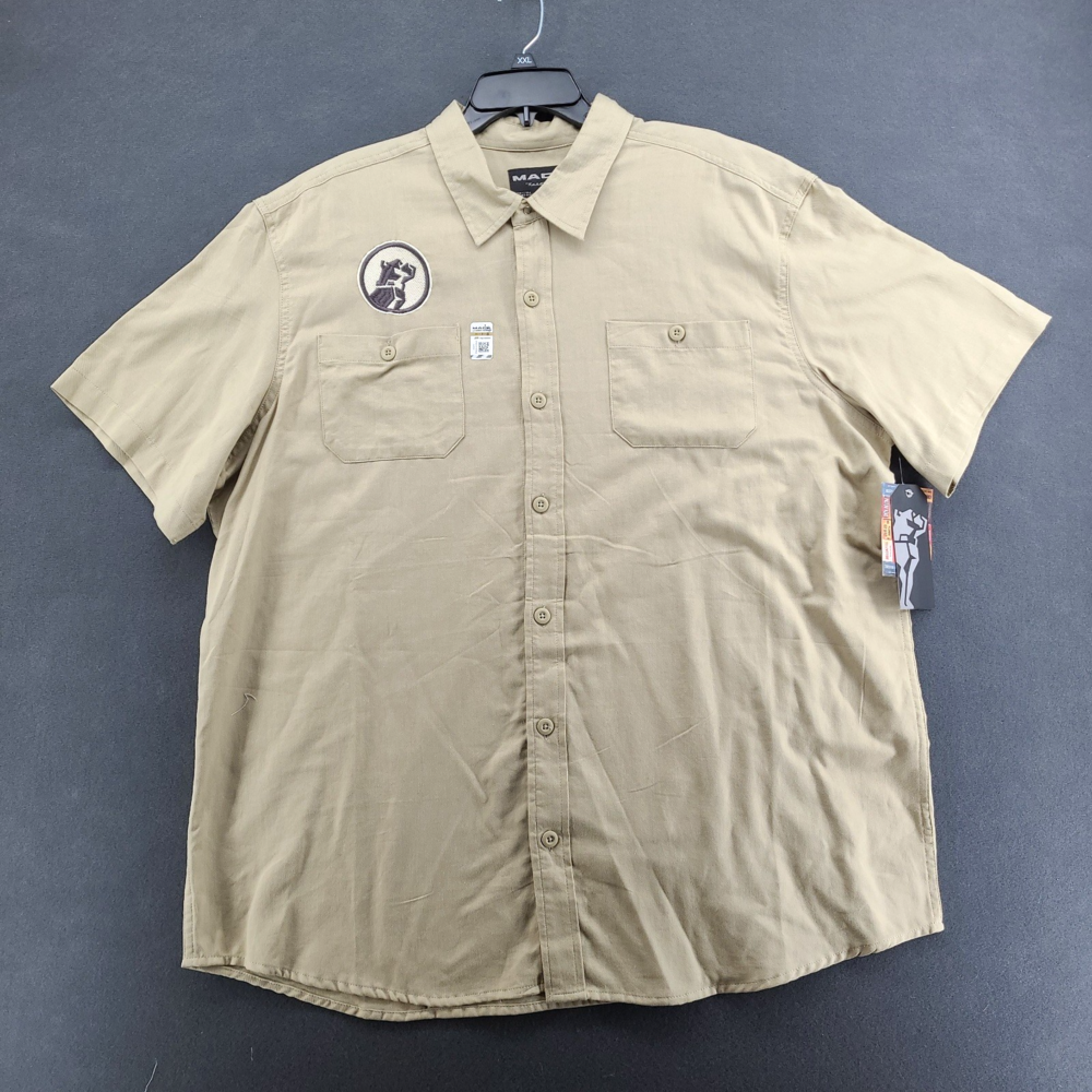 Mack Trucks Work Shirt Mens XXL Beige Embroidered Bulldog Patch Garage SS NWT
